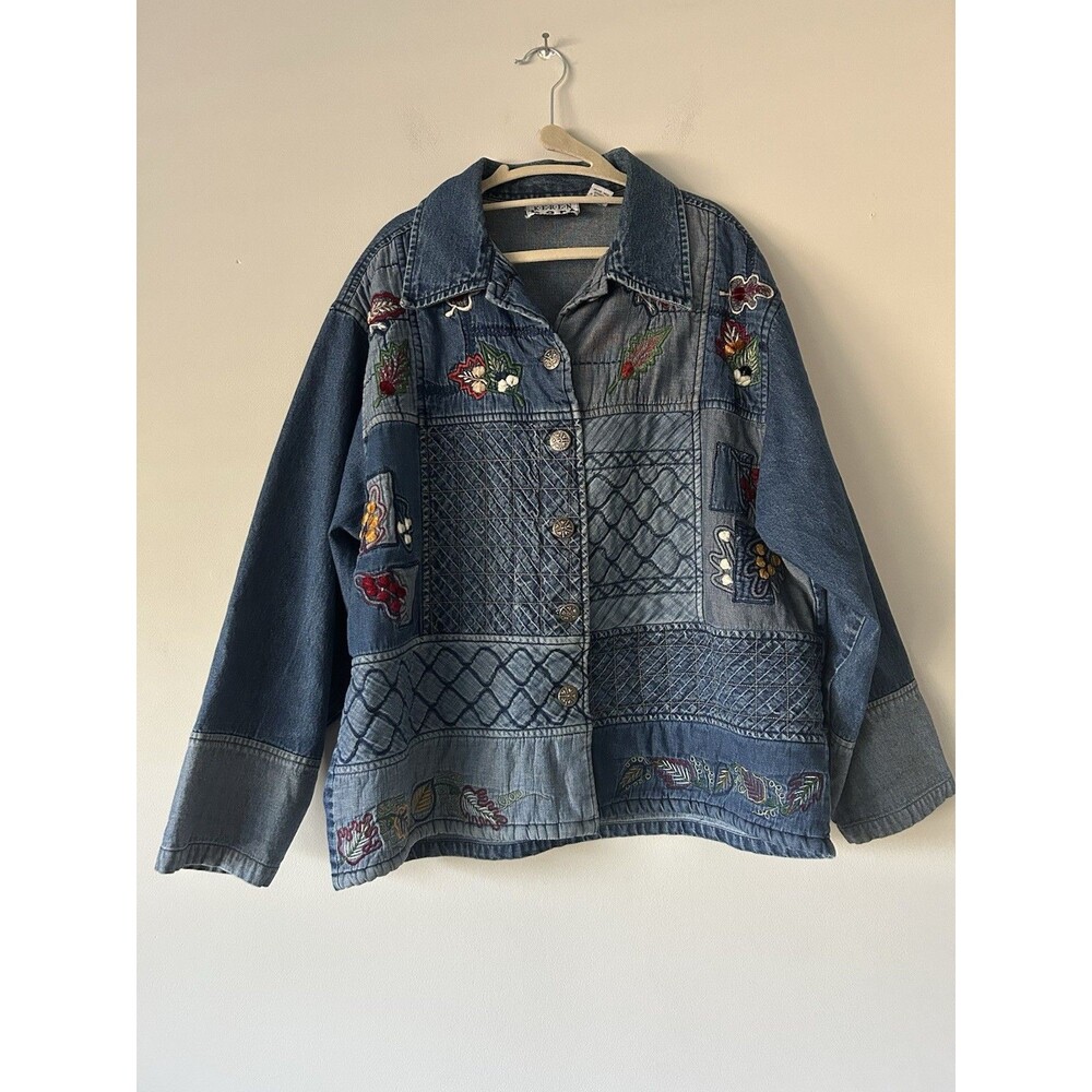 Vintage Keren Hart Quilted Patchwork Denim Jacket Size XL Cotton Fall Cottage